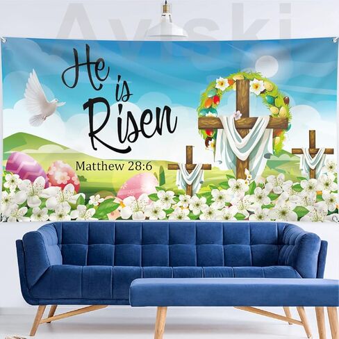 He is Risen Background Banner 78 x 43 Inch Large Size Happy Easter Banner Blue Background Banners Easter Day Party Decorations Supplies for Spring Party Decorations Celebration in Kuwait