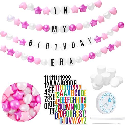 DIY Giant Friendship Bracelet Birthday Banner with 100 Balls in My Birthday Era Banner Famous Singer Customizable Banner Garland Decor Foam Circles Ball Plastic Balls Stars DIY Supplies(Pink) in Saudi Arabia