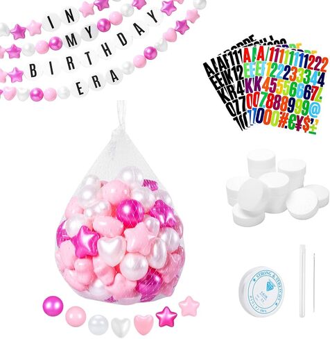 DIY Giant Friendship Bracelet Birthday Banner with 100 Balls in My Birthday Era Banner Famous Singer Customizable Banner Garland Decor Foam Circles Ball Plastic Balls Stars DIY Supplies(Pink) in Saudi Arabia