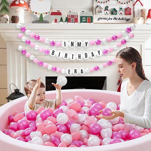 DIY Giant Friendship Bracelet Birthday Banner with 100 Balls in My Birthday Era Banner Famous Singer Customizable Banner Garland Decor Foam Circles Ball Plastic Balls Stars DIY Supplies(Pink) in Saudi Arabia