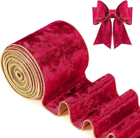 Riceshoot 4 Inch Velvet Ribbon 10 Yards Wide Wired Velvet Ribbon with Gold Edge for New Year Gift Box Wrapping Bow DIY Crafts(Red) in Saudi Arabia