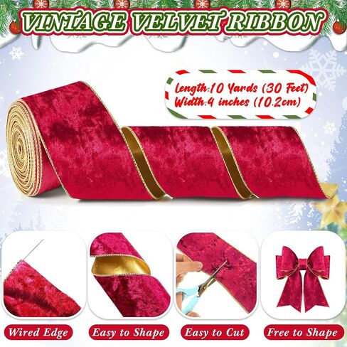Riceshoot 4 Inch Velvet Ribbon 10 Yards Wide Wired Velvet Ribbon with Gold Edge for New Year Gift Box Wrapping Bow DIY Crafts(Red) in Saudi Arabia