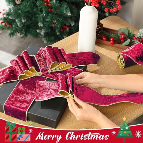 Riceshoot 4 Inch Velvet Ribbon 10 Yards Wide Wired Velvet Ribbon with Gold Edge for New Year Gift Box Wrapping Bow DIY Crafts(Red) in Saudi Arabia