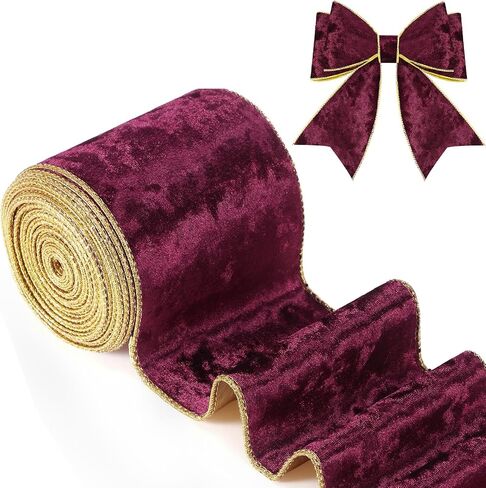 Riceshoot 4 Inch Velvet Ribbon 10 Yards Wide Wired Velvet Ribbon with Gold Edge for New Year Gift Box Wrapping Bow DIY Crafts(Red) in Saudi Arabia