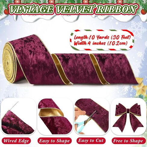 Riceshoot 4 Inch Velvet Ribbon 10 Yards Wide Wired Velvet Ribbon with Gold Edge for New Year Gift Box Wrapping Bow DIY Crafts(Red) in Saudi Arabia