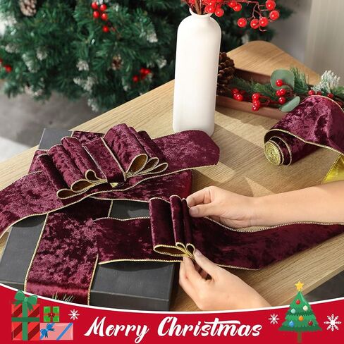 Riceshoot 4 Inch Velvet Ribbon 10 Yards Wide Wired Velvet Ribbon with Gold Edge for New Year Gift Box Wrapping Bow DIY Crafts(Red) in Saudi Arabia