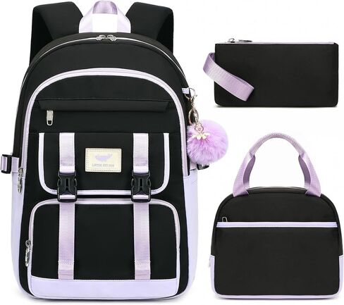 3 PCS Backpack for Teen Girls,Laptop Backpacks 15.6 Inch School Bag with Lunch Box Pencil Pouch Set for Students Aesthetic College Bookbag Travel Daypack(Black Purple) in Saudi Arabia