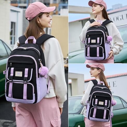 3 PCS Backpack for Teen Girls,Laptop Backpacks 15.6 Inch School Bag with Lunch Box Pencil Pouch Set for Students Aesthetic College Bookbag Travel Daypack(Black Purple) in Saudi Arabia