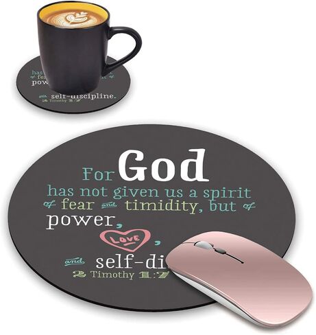 Round Mouse Pad and Coasters Set, Quotes Christian Bible Verse 2 Timothy 1:7 Design Mouse Pad, Non-Slip Rubber Base Mouse Pads for Laptop and Computer in Saudi Arabia
