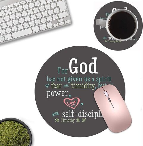 Round Mouse Pad and Coasters Set, Quotes Christian Bible Verse 2 Timothy 1:7 Design Mouse Pad, Non-Slip Rubber Base Mouse Pads for Laptop and Computer in Saudi Arabia