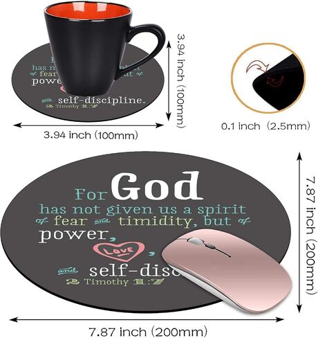 Round Mouse Pad and Coasters Set, Quotes Christian Bible Verse 2 Timothy 1:7 Design Mouse Pad, Non-Slip Rubber Base Mouse Pads for Laptop and Computer in Saudi Arabia
