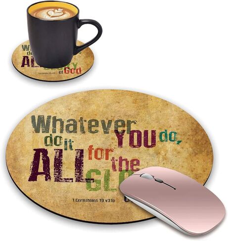 Round Mouse Pad and Coasters Set, Quotes Christian Bible Verse 2 Timothy 1:7 Design Mouse Pad, Non-Slip Rubber Base Mouse Pads for Laptop and Computer in Saudi Arabia