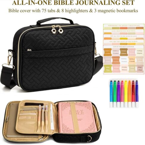 غلاف كتاب الكتاب المقدس للنساء - حقيبة يدوية للكتاب المقدس مع حزام الكتف - الكتاب المقدس الكبير يحمل سحاب للفتيات الأسود ، المتوسط in Kuwait