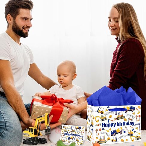 Construction Birthday Gift Bag for Boys Vehicle Truck Gift Bag for Kids with Tissue Paper and Card Happy Birthday Wrapping Paper Bag for Baby Boy 1st Birthday Christmas Gifts Baby Shower Party Favor in Saudi Arabia