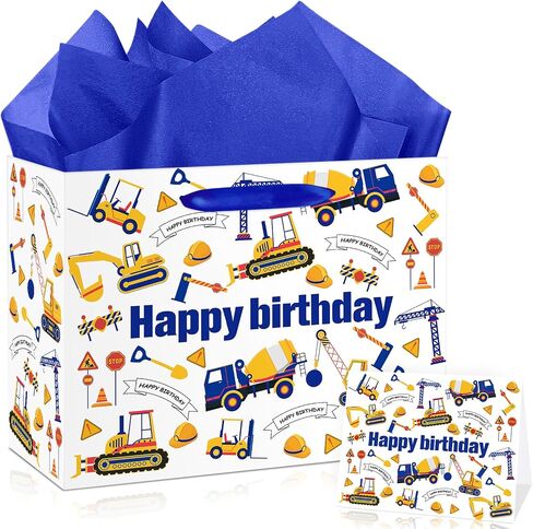 Construction Birthday Gift Bag for Boys Vehicle Truck Gift Bag for Kids with Tissue Paper and Card Happy Birthday Wrapping Paper Bag for Baby Boy 1st Birthday Christmas Gifts Baby Shower Party Favor in Saudi Arabia