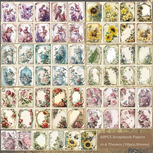 60pcs Vintage Scrapbooking Paper, Antique Looking Papers, Plants Flowers Art Collage Material Aesthetic Decorative Decoupage Paper for Junk Journal Supplies, Vintage Wall Decor, Photo Album, Craft in Kuwait