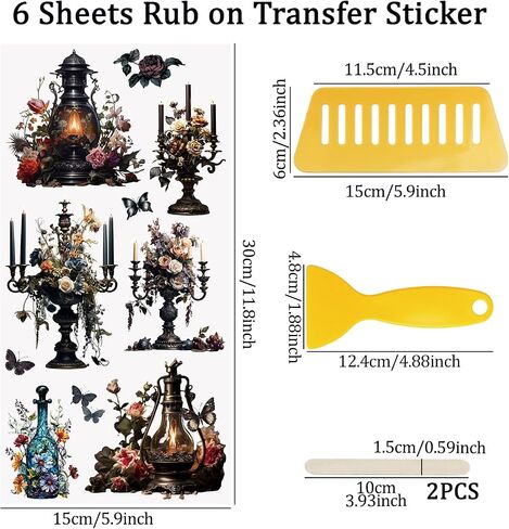 WANDIC Glitter Scratch On Stickers, 6 Sheets Retro Lamp Rub On Transfer Decals Butterfly Sticker Candlestick Decals Waterproof Stickers for Greeting Cards,12 * 6in in Saudi Arabia