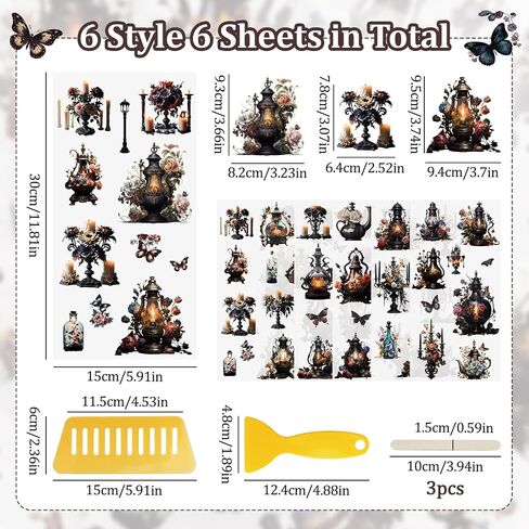 WANDIC Glitter Scratch On Stickers, 6 Sheets Retro Lamp Rub On Transfer Decals Butterfly Sticker Candlestick Decals Waterproof Stickers for Greeting Cards,12 * 6in in Saudi Arabia