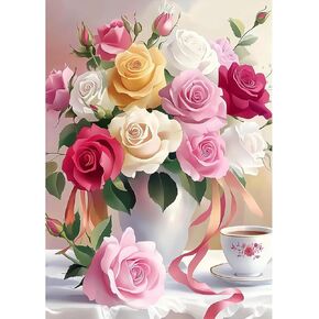 MXJSUA Rose Bouquet 5D Diamond Painting Kits for Adults, Flower Vase Diamond Art Kits for Beginner, DIY Full Round Drill Diamond Dots Gem Art Kits for Home Wall Decor 12x16 Inch