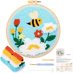 JSRQT Punch Needle Embroidery Starter Kit Floral Bee Beginner Rug Hooking Kit with Embroidery Hoops Instructions Handcraft Punch Needle Kit for Adults Cross Stitch Kits Craft Rug-Punch & Pinch Needle
