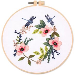 Stamped Embroidery Starters Kits with Pattern for Beginners Dragonfly and Flower with Hoops Cloth Color Threads DIY Cross Stitch Kits Needlework Art for Adults Students Home Decoration