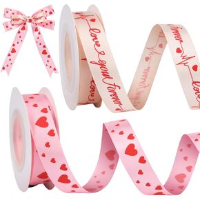 Valentine's Day Ribbon 5/8" Red Heart Pink Ribbons for Crafts Love You Forever Champagne Single Face Satin Ribbon for Gift Wrapping Crafts Valentine's Day Decoration 2 Rolls 20 Yards