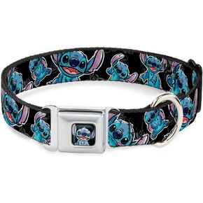 Buckle-Down Seatbelt Buckle Dog Collar - Stitch Poses/Hibiscus Sketch Black/Gray/Blue - 1.5" Wide - Fits 16-23" Neck - Medium