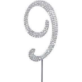 Magjuche Silver 9 "Crystal Cake Topper ، رقم 9 أحجار الراين التاسعة ، كعكة عيد ميلاد ،