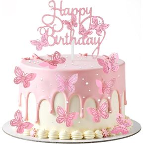 13 Pcs 3D Butterfly Cake Toppers Pink Butterfly Happy Birthday Cake Toppers for Girls Women Pink Butterfly Decorations Decorative Butterflies for Birthday Party Wedding Cake Decor