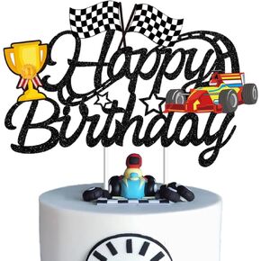 Race Car Cake Decoration Lightning Wheels Race Car Cake Topper For Racing Car Checkered Flag-Glitter Birthday Cake Car Party Favors Decorations