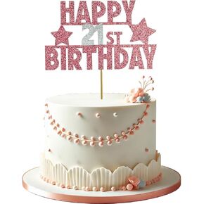 Happy 21st Birthday Cake Topper, Glitter 21st Birthday Cake Decoration, Perfect for 21st Birthday Cake Decor and Party Decorations (Rose Gold and Silver)