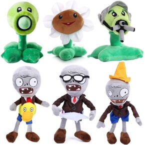JHESAO 6 PCS Plants and Zombies Plush Sets Toy Peashooter, 1 2 Stuffed Soft Green Gatling Peashooter Doll Conehead Zombies, Nespaper Zombie PVZ Plush Figure Duck Zombie Doll New
