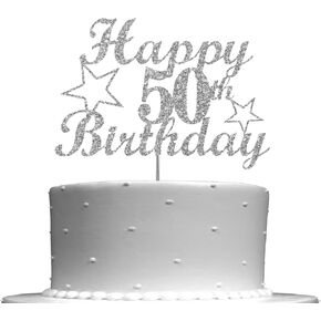 50 Birthday Silver Glitter Cake Topper, Party Decoration Ideas, Premium Quality, Sturdy Doubled Sided Glitter, Acrylic Stick. Made in USA