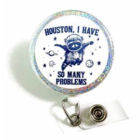 Funny Raccoon Badge ID Holder, Houston, I Have So Many Problems Badge Reel with Holographic Rainbow Glitter Border, Funny Teacher Badge Reel, RN Nurse Badge Reel, Office Gifts