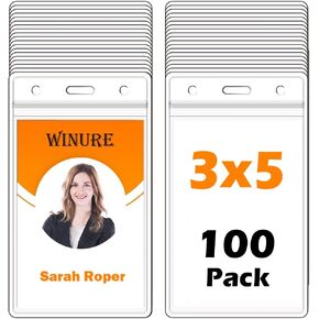 100 Pack Vinyl ID Badge Holders (Fit 3x5 inch Inserts), Waterproof, Clear Plastic, Premium Quality, Heavy-Duty, Vertical Hanging Card Holder with Zipper, Durable Nametag Holders