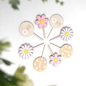 8pcs Daisy Cake Toppers لعيد الميلاد الأول ， قبعات كب كيك خشبية للاستحمام الأطفال ， اختيارات كعكة Daisy للاحتفالات بالذكرى - عيد ميلاد أول قبعات كب كيك Topcake ， بوهو غروفي ديزور ديكور