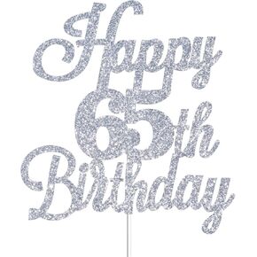 Happy 65th Birthday Cake Toppers Silver Glitter, Cheers to 65 Years Old Bday Decoration 65th Anniversary Cake Topper, Sixty-five Theme Cake Decorations for Birthday Anniversary Party