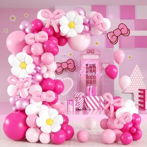 139pcs Pink Cartoon Cat Balloon Garland Arch Kit, Pink Hot Pink Light Pink Metallic Pink White Long Balloons with 15inch Flower Foil Balloons for Cat Themed Birthday Baby Shower Party Decorations