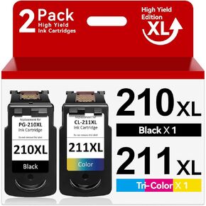 PG-210XL CL-211XL Ink Cartridge for Canon 210 and 211 Ink Cartridges for Canon 210XL and 211XL Ink Cartridges Fit for Pixma MP495 MX410 MX340 MP250 MX320 MP490 MX350 iP2702 Printer (1 Black,1 Color)