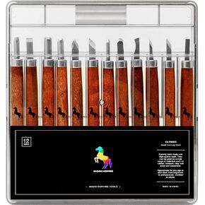 Workhorse 12pcs Premium Wood Carving Tools & Chisels Set for Whittling, Woodworking, Sculpture, Carpentry, with Sharpening Stone and Storage Box