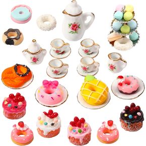 40 Pcs 1:12 Scale Dollhouse Miniature Kitchen Accessories Set Includes 15 Flower Pattern Porcelain Tea Cup 24 Mixed Pretend Cake Foods 1 Mini Three-Tier Cake Stand for Decor Supply (Sweet Style)