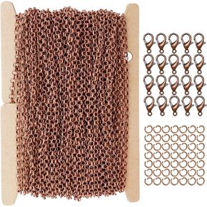 THREENEST 32-Feet 2.5mm Rolo Chains with 20 Lobster Clasps+50 Jump Rings, Cable Link Craft Chain Findings for Necklace Bracelet Earring DIY for Jewelry Making (Copper 2086-B)