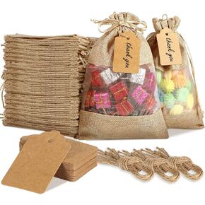 Kenning 48 Pcs Burlap Bag with Drawstring 6 x 9 Inch, Linen Burlap Sheer Bag Bags, with Gift Tags, Organza Mother Day Favors Gifts for Wedding Party Favors, Craft DIY Bags, Present,goodies Mesh Pouch