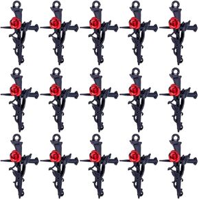 SUNNYCLUE 1 Box 30Pcs Cross Charms Baroque Style Red Rose Flower Beads Easter Cross Charm Leaf Thistles Thorns Fancy Antique Silver Crucifix Charms for Jewelry Making Charms DIY Necklace Supplies