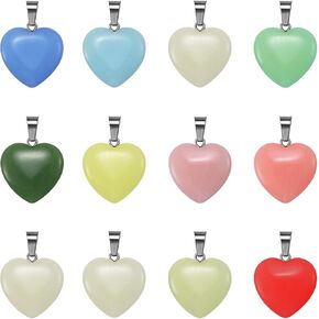 10Pcs Glow in the Dark Heart Stone Charm Moon Charm Healing Crystal Pointed Chakra Charms Luminous Gemstone Pendant for DIY Valentine's Day Witch Jewelry Necklace Earring Making
