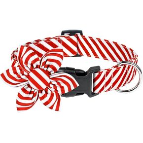Malier Christmas Dog Collar with Flower, Red Dog Christmas Collar with Buckle Adjustable Cotton Collar for Small Medium Large Dogs Puppy (Red Stripe, Small)