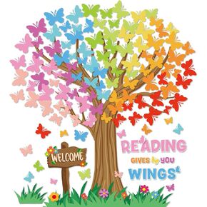 148Pcs Spring Tree Classroom Bulletin Board Decor Reading Gives You Wings Bulletin Board Set Spring Butterfly Classroom Cutouts for Elementary School Classroom Office Chalkboard Decor