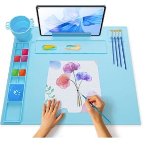 iArtker Silicone Painting Mat with Stand, Craft Art Mat with Cup and Lid, Non Stick Silicone Sheet for Resin, DIY, Clay, Play Doh, Blue