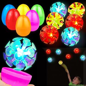 Easter Basket Stuffers for Kids, 6 Pack 3" Jumbo Prefilled Easter Eggs with Light Up Suction Cup Balls, Easter Eggs Filled Stress Relief Fidget Toys Tossing Stick Balls for Egg Hunt Party Favors Gifts