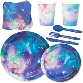 BLUE PANDA 168 Pieces Space Party Supplies with Paper Plates, Napkins, Cups, and Cutlery - Galaxy Decorations for Outer Space Birthday Party (Serves 24)